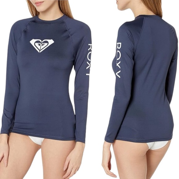 Roxy Whole Hearted Long Sleeve UPF 50 Swim Rashguard Navy Blue Size M NWT - Picture 2 of 13